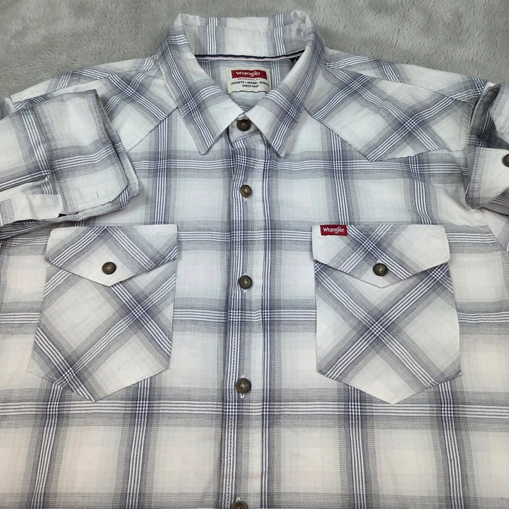Wrangler Shirt Button Up Mens XL Western Long Sleeve Plaid White Navy Blue